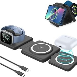 PEAPOLET Wireless Charger 3 in 1,Wireless Foldable Charging Station,Magnetic Fast Wireless Charging Pad Compatible with iPhone 14/13/12 Pro Max Plus,Apple Watch,AirPods,Adapters not Included (Black)