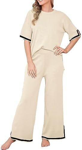 Lviefent Womens Sweater Sets Short Sleeve Knit Pullover Tops Wide Leg Pants 2 Piece Lounge Set Sweatsuit - Image 2
