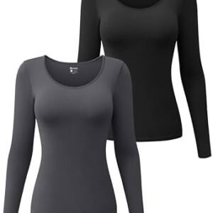 OQQ Womens 2 Piece Long Sleeve Tops Round Neck Stretch Fitted Underscrubs Layer Tee Shirts Tops