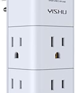 6 AC Multi Plug Outlet Extender with Spaced Splitter- YISHU Surge Protector with Rotating Plug with 3 USB Ports, 3-Sided Swivel Power Strip for Home, Office, Travel