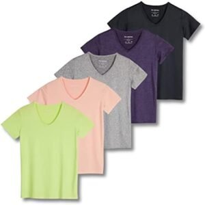 Real Essentials 5 Pack: Women's Short Sleeve V-Neck Activewear T-Shirt Dry-Fit Wicking Yoga Top (Available in Plus)