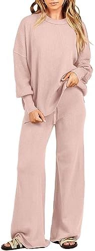 ANRABESS Women 2 Piece Outfits Sweatsuit Oversized Sweater Set & Wide Leg Pants Fall Chunky Lounge Set