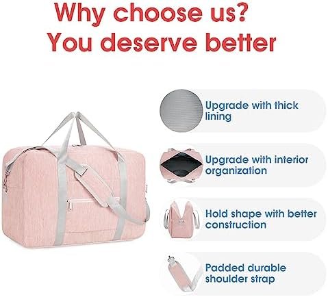 Carry on luaggage 22x14x9 Airlines Approved Foldable Carry on Bag Travel Duffel Packable Duffle Overnight for Women 40L (Pink) - Image 5