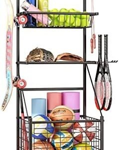 INGIORDAR Garage Sports Equipment Organizer System Ball Gear Outdoor Toy Storage Rack with Baskets Hooks and Wheels Rolling Basketball Racks for Balls,Black