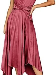 ANRABESS Women's Summer One Shoulder Midi Dress Sleeveless Twist Pleated Asymmetric Satin Cocktail Party Dress