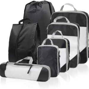 Compression Packing Cubes for Suitcases, SYCARON 7 Set Travel Packing Organizers Bags Mesh Expandable Packing Cubes for Carry on Luggage with Laundry Bag, Shoe Bag, Clothing Underwear Bag, Black