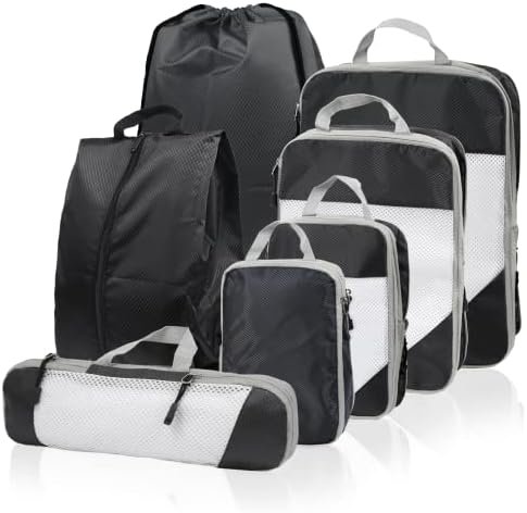Compression Packing Cubes for Suitcases, SYCARON 7 Set Travel Packing Organizers Bags Mesh Expandable Packing Cubes for Carry on Luggage with Laundry Bag, Shoe Bag, Clothing Underwear Bag, Black