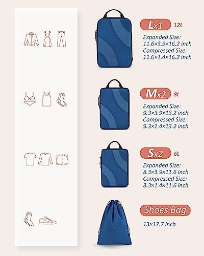 Compression Packing Cubes, BAGSMART 6 Set Travel Packing Cubes for Carry on Suitcases, Compression Suitcase Organizers Bag Set & Travel Cubes for Luggage, Lightweight Packing Organizers with Shoe Bag Classic Blue - Image 5