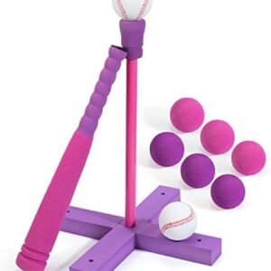 CeleMoon 22 Inch Foam T Ball Set for Kids Toddlers 3-5 5-8 Baseball Softball Bat Adjustable Batting Tee, 8 Colored Balls Included for Indoor Outdoor Sport Playing Boy Girl Toy, Pink
