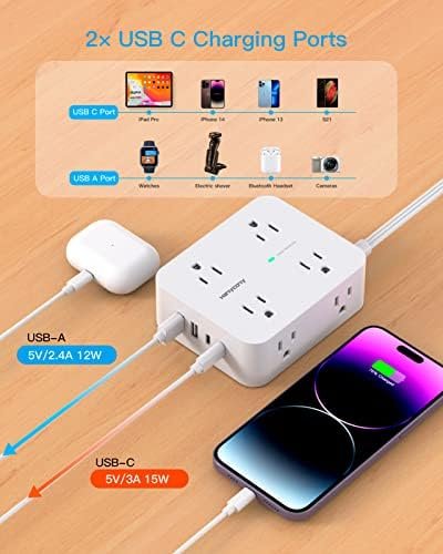 Flat Extension Cord, 5 Ft Ultra Thin Flat Plug Power Strip Surge Protector, 8 Widely Outlet Extender 4 USB Ports(2USB C),1080J Multi Plug Outlet Wall Mount for Home Office Dorm Room Travel Essentials - Image 5