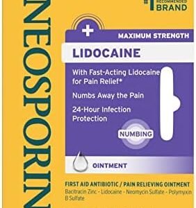 Neosporin + Lidocaine First Aid Antibiotic Ointment, Maximum Strength & Fast-Acting Topical Pain Reliever, 24-Hour Infection Protection That Numbs Away The Pain, Bacitracin Zinc, 0.5 oz