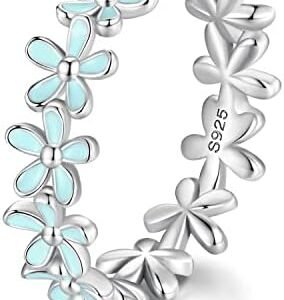 MUNDELL 925 Sterling Silver Dainty Daisy Rings Blue Flower Finger Rings for Women Stacking Promise Rings Fine Jewelry