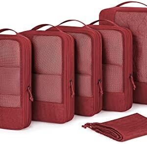 Compression Packing Cubes for Suitcase, 6 Set BAGSMART Travel Packing Cubes for Luggage, Compression Travel Cubes & Suitcase Organizer for Packing with Shoe Bag Red