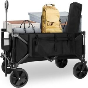 Collapsible Folding Wagon,Utility Beach Wagon Cart Heavy Duty Foldable with All-Terrain Wheels,Large Capacity Foldable Grocery Wagon for Garden Sports Outdoor Camping(Black)