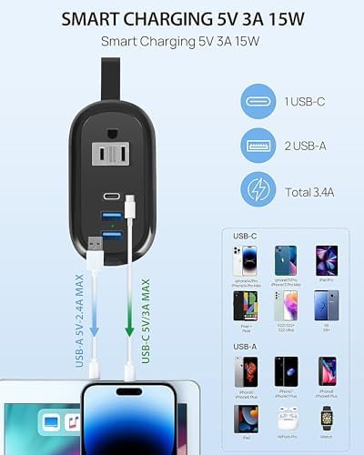 BEVA 4FT Travel Power Strip with USB C Ports, Non Surge Protector Small Power Strip with Flat Plug Travel Extension Cord, 2 Outlets 3 USB Ports(1 USB C), Travel Cruise Essentials(Black 3.4A) - Image 5