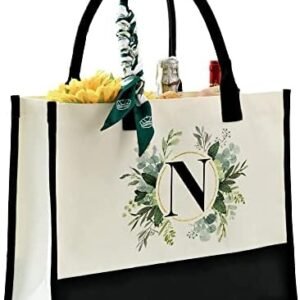 CROWNED BEAUTY Canvas Tote Bag with Zipper Pocket, Personalized Birthday Gift for Women, Floral Initial Letter N Bag for Vacation Beach CT14-N