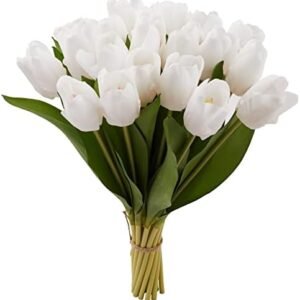 20PCS Artificial Tulips Real Touch Faux Flower Moisturizing Tulips for Photography Ornaments Home Garden Wedding Party Decor Fake Flowers (White)