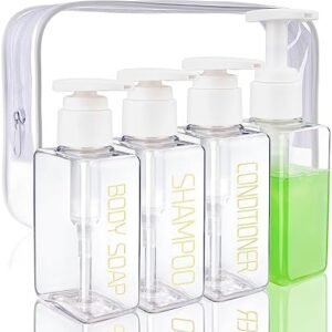 Hethyo Travel Bottles Travel Accessories Toiletries 4 Pack 3.7oz/110ml Travel Shampoo And Conditioner Bottles Empty Plastic Pump Bottle Dispenser Travel Size Bottles (3labels &1blank clear)