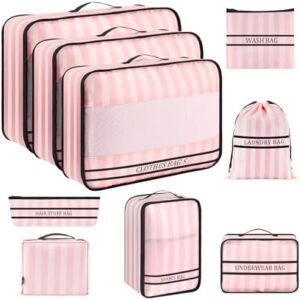 Ougrand 9 Set Packing Cubes Luggage Packing Organizers for Travel Accessories Space Saving Travel Bags for Carry On, Lightweight Mesh Zipper, Clothes, Shoes and Laundry Bag, Suitcases (Pink Streak)