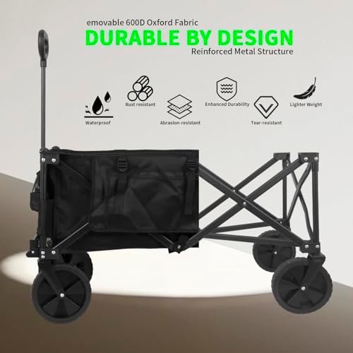 Collapsible Folding Wagon,Utility Beach Wagon Cart Heavy Duty Foldable with All-Terrain Wheels,Large Capacity Foldable Grocery Wagon for Garden Sports Outdoor Camping(Black) - Image 6
