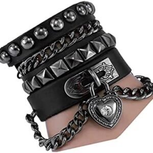 Perfect 4U Rivet Bracelet Multilayer Black Leather Cuff Heart Pendant Bangle Studded Chain Wrist Punk Sports Rock Bracelet Adjustable