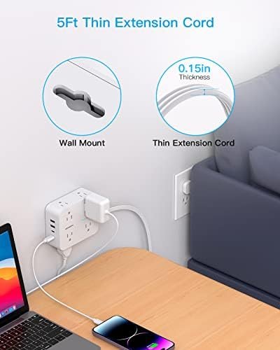 Flat Extension Cord, 5 Ft Ultra Thin Flat Plug Power Strip Surge Protector, 8 Widely Outlet Extender 4 USB Ports(2USB C),1080J Multi Plug Outlet Wall Mount for Home Office Dorm Room Travel Essentials - Image 7