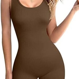 OQQ Women's Yoga Rompers Ribbed Round Neck Sleeveless Tank Tops Exercise Romper