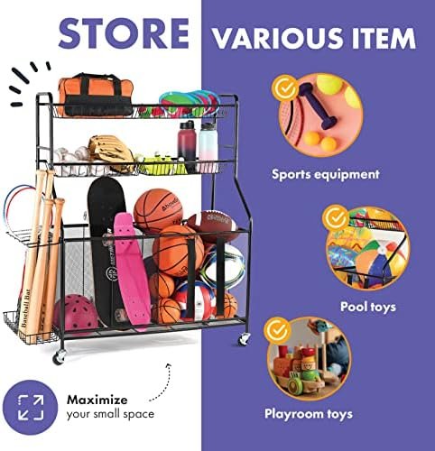 Home-it Ball Rack for Garage - Indoor & Outdoor Garage Ball Organizer Holder with Baskets, Rolling Wheels & Breaks - Large Capacity Garage Sports Equipment Organizer - Heavy Duty Steel Storage Cart - Image 3