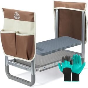 DEERFAMY Garden Stool 10.2" Width, Garden Kneeler and Seat Load Cap 350 lbs, Heavy Duty Gardening Stool with Extra Kneeling Pad, 2 Tool Pouches, Claw Gloves, Gift for Women Seniors, Brown