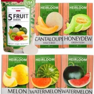 5 Melon Fruit Seeds Variety Pack - Watermelon Seeds, Melon Seeds, Cantaloupe, Sugar Baby Watermelon, Honeydew Fruit Seeds for Planting Home Garden - Non GMO Heirloom Seeds for Planting Outdoors