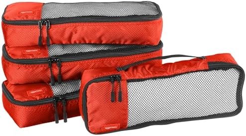Amazon Basics 4 Piece Packing Travel Organizer Cubes Set - Slim, Red