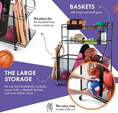 Home-it Ball Rack for Garage - Indoor & Outdoor Garage Ball Organizer Holder with Baskets, Rolling Wheels & Breaks - Large Capacity Garage Sports Equipment Organizer - Heavy Duty Steel Storage Cart - Image 4