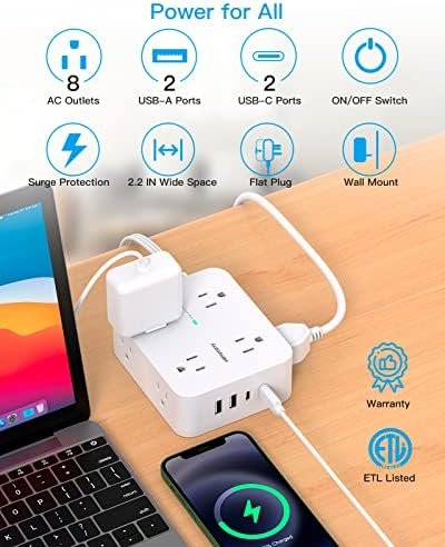 Flat Extension Cord, 5 Ft Ultra Thin Flat Plug Power Strip Surge Protector, 8 Widely Outlet Extender 4 USB Ports(2USB C),1080J Multi Plug Outlet Wall Mount for Home Office Dorm Room Travel Essentials - Image 2
