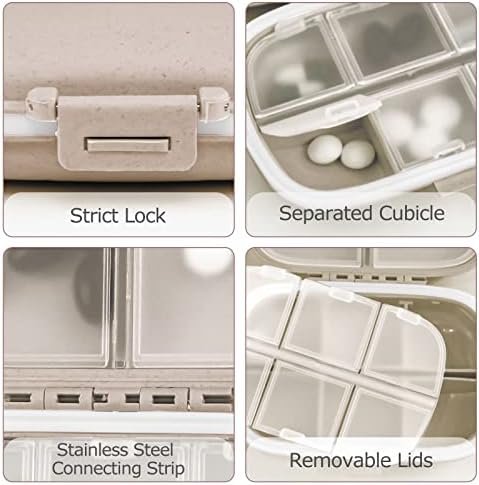 1Pack Travel Pill Organizer, 8 Compartments Portable Pill Case, Small Pill Box for Pocket Purse Portable Medicine Vitamin Container Beige - Image 5