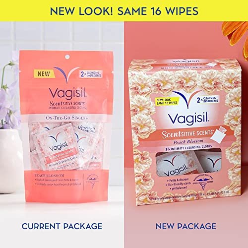 Vagisil Scentsitive Scents On-The-Go Feminine Cleansing Wipes, pH Balanced, Peach Blossom, Individually Wrapped, 16 Count (Pack of 1) - Image 2