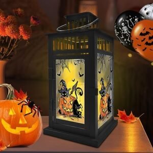 Halloween Lantern with Flickering LED Candle&Remote Control - Halloween Centerpieces for Table Lantern, Halloween Decorations for Home Party - Indoor Outdoor Porch Garden Hanging Lantern Decor Gifts
