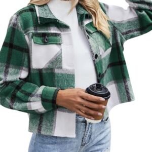 Zeagoo Flannels for Women Cropped Shacket Jacket Fashion Plaid Button Down Shirt 2023 Fall Coat Tops
