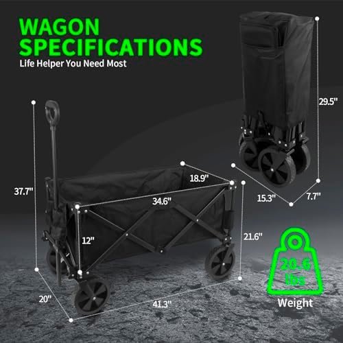Collapsible Folding Wagon,Utility Beach Wagon Cart Heavy Duty Foldable with All-Terrain Wheels,Large Capacity Foldable Grocery Wagon for Garden Sports Outdoor Camping(Black) - Image 5