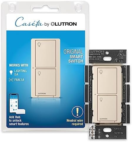 Lutron Caseta Smart Lighting Switch for All Bulb Types or Fans | Neutral Wire Required | PD-6ANS-LA | Light Almond