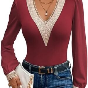 Dokotoo Women's Lace V Neck Blouses Puff Long Sleeves Dressy Pullover Fashion Fall Shirts Bodysuit Tops