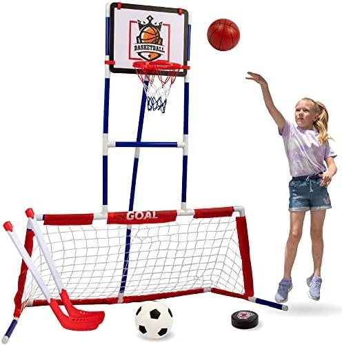 Island Genius 3 in 1 Sports Center for Kids Outdoor Toys for Kids Toddler Ages 3 4 5 6 7 8 Years Old | Basketball Hoop, Soccer Goal, and Hockey - Image 5
