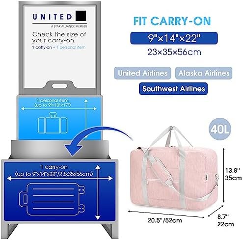 Carry on luaggage 22x14x9 Airlines Approved Foldable Carry on Bag Travel Duffel Packable Duffle Overnight for Women 40L (Pink) - Image 2