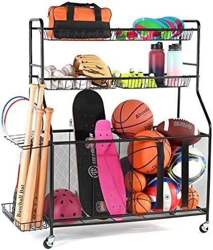 Home-it Ball Rack for Garage - Indoor & Outdoor Garage Ball Organizer Holder with Baskets, Rolling Wheels & Breaks - Large Capacity Garage Sports Equipment Organizer - Heavy Duty Steel Storage Cart