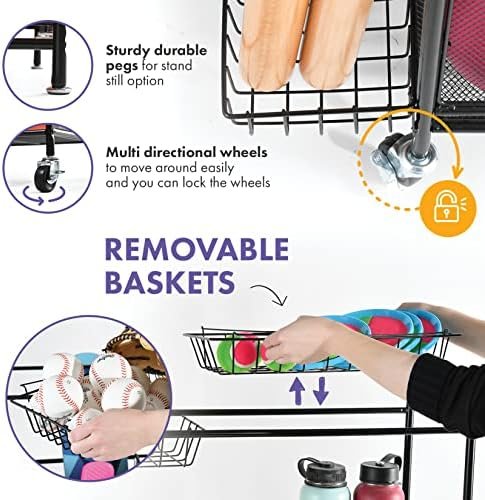 Home-it Ball Rack for Garage - Indoor & Outdoor Garage Ball Organizer Holder with Baskets, Rolling Wheels & Breaks - Large Capacity Garage Sports Equipment Organizer - Heavy Duty Steel Storage Cart - Image 5