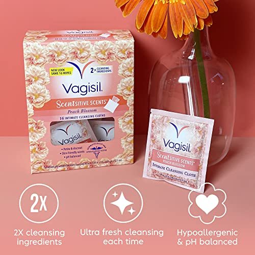 Vagisil Scentsitive Scents On-The-Go Feminine Cleansing Wipes, pH Balanced, Peach Blossom, Individually Wrapped, 16 Count (Pack of 1) - Image 3