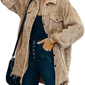 Hixiaohe Women's Casual Oversized Button Down Corduroy Shirt Jacket Coat Washed Retro Shacket