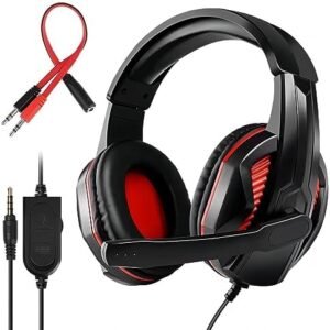 FNSHIP 3.5mm Port Wired Gaming Headset with Mic Volume Control,Stereo Bass Noise Isolation for PS4 New Xbox One PSP PC Laptop Tablet Cellphones,Black&Red