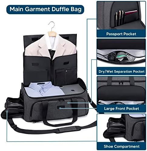 Carry On Garment Duffel Bag for Travel, Convertible Garment Bag Backpack for Men Women, Waterproof 4 in 1 Hanging Dress Suitcase Suit Travel Bag with Shoe Compartment, Large Weekender Bag-Dark Grey - Image 4