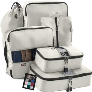 Gorilla Grip 6 Piece Packing Cubes Set, Compression Space Saving Organizers for Suitcases and Luggage, Mesh Window Bags, Travel Essentials for Carry On, Clothes and Shoes, Cube with Zipper, White