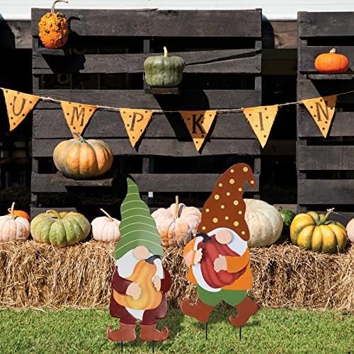 YEAHOME Outdoor Fall Decorations for Home, 25" Decorative Garden Stakes 2 Pack with Gnomes Pumpkin Fall Decor, Metal Yard Sign for Outside Garden Yard Lawn Patio Backyard Thanksgiving Decorations - Image 6